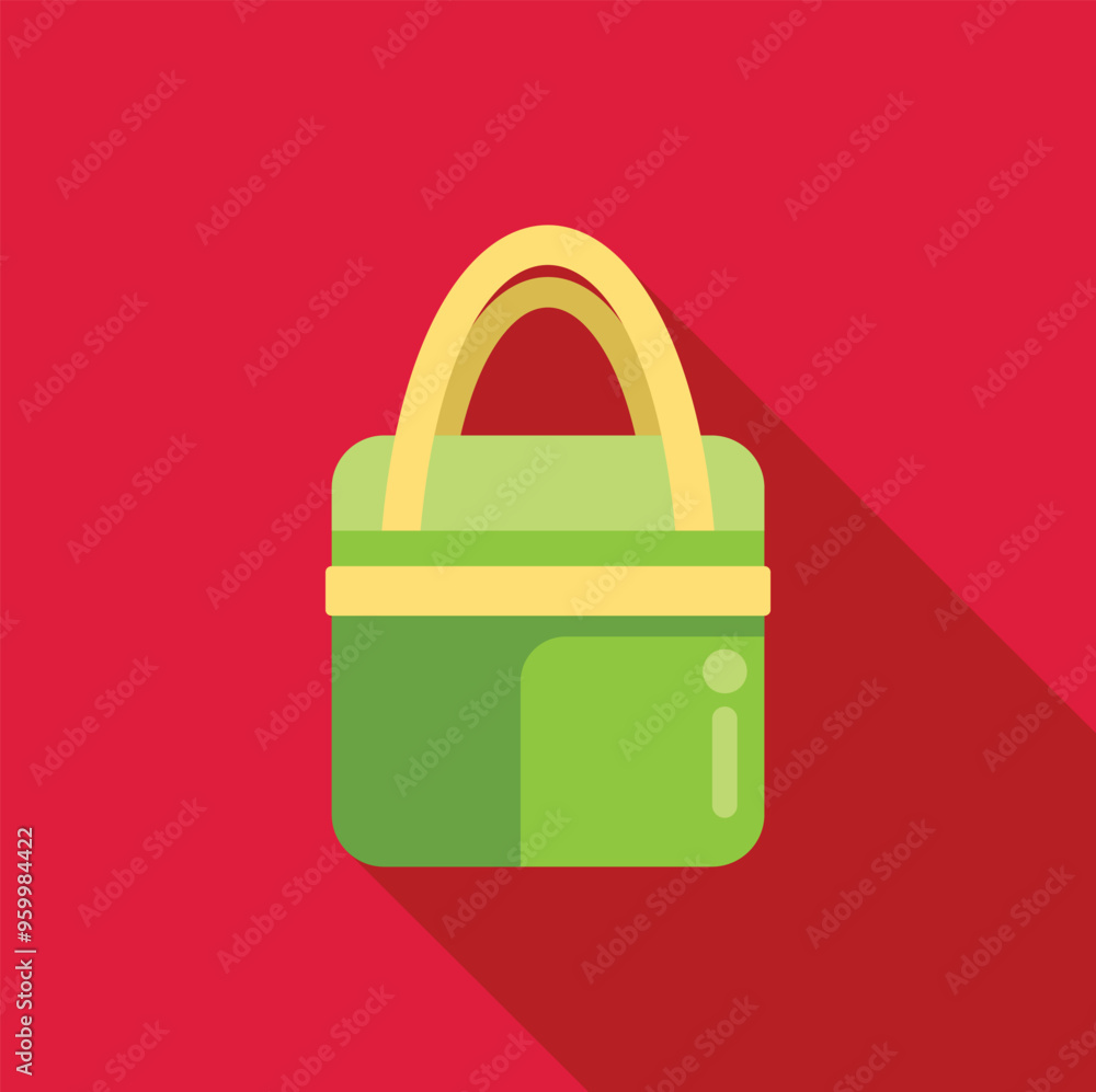Poster green lunch box container with yellow handle on red background with long shadow icon in flat style