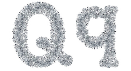 letter Q made from New Year's tinsel, isolated Christmas tinsel, tinsel garland