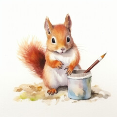 Baby Eichhörnchen malt mit stiften und pinseln