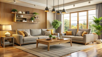 A living room with furniture arranged in a way that creates an optical illusion of spaciousness, making the