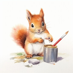 Baby Eichhörnchen malt mit stiften und pinseln