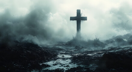“A Cross Stands Tall in the Middle of a Battlefield, Surrounded by Smoke and Debris, Symbolizing Hope, Faith, and Resilience Amidst Chaos and Destruction, Perfect for Themes of War, Spiritual Strength