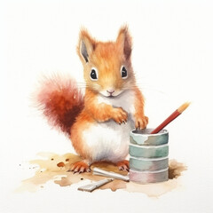 Baby Eichhörnchen malt mit stiften und pinseln