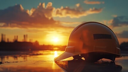 Fototapeta na wymiar Portrait of construction helmet at sunset, civil construction.