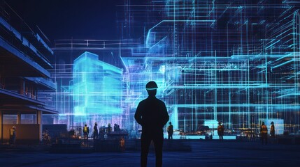 Construction Worker with Hologram of Building