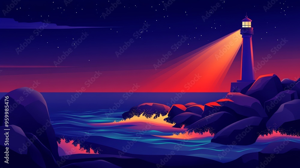 Wall mural a lonely lighthouse bathed in moonlight over a rocky coastline