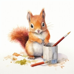 Baby Eichhörnchen malt mit stiften und pinseln