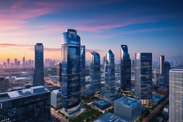 Obraz premium Innovative Digital Urban Skyline: Future-Oriented Business District with Panoramic View of Skyscrapers and Structures
