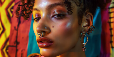 Model with a septum piercing, highlighting the unique jewelry and the expression on their face, set against a vibrant, colorful backdrop.