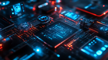 Obraz premium Digital Ecosystem Network in electric red and blue color