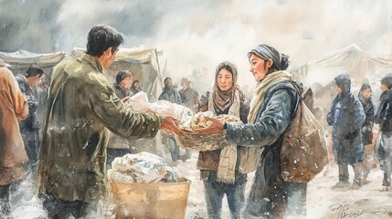 Fototapeta premium Compassionate Volunteers Providing Aid to Refugees in Watercolor Illustration, Evoking Warmth and Comfort