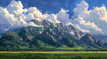 Fototapeta premium Picturesque mountain landscape under a cloudy sky. The mountains are covered with green trees and grass. The sky is filled with white clouds.