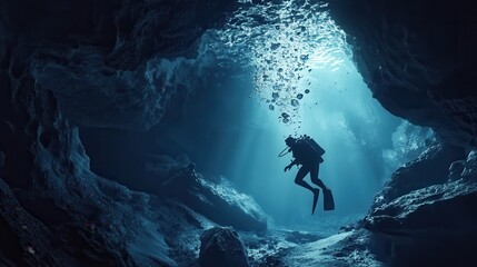 Lifesaving Rescue in Underwater Cave - Dramatic 3D Rendering with Realistic Bubbles and Dark Tones