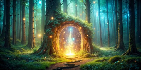 Enchanted forest scene with glowing portal and sparks