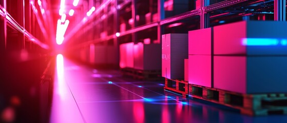 Stacked boxes in an automated warehouse with data overlays, side view, showcasing logistics optimization, futuristic tone, Analogous Color Scheme