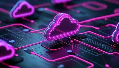 Virtual cloud connected to data hubs on a glowing grid, top view, representing cloud network architecture, digital tone, Tetradic color scheme