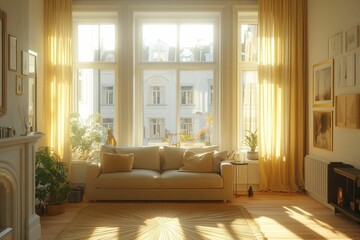 Fototapeta premium Sunlit Living Room with City View