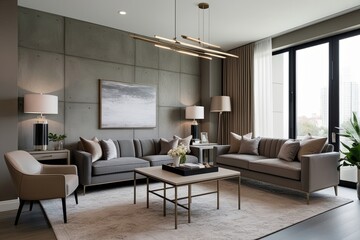 Fototapeta premium Contemporary Living Room Design with Muted Gray and Soft Taupe Hues, Textured Microcement Wall, and Elegant Office Decor