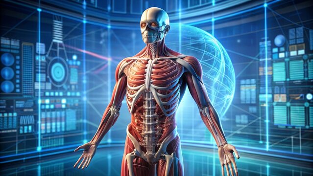 Anatomy diagram showcasing musculoskeletal system with 3D graphics and realistic textures for healthcare professionals in a futuristic and high-tech concept