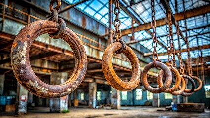 Rusted metal rings hanging in an abandoned industrial setting