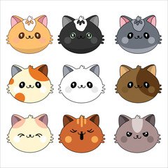Vector image of cats head, funny cute animal.
Cats heads emoticons vector.