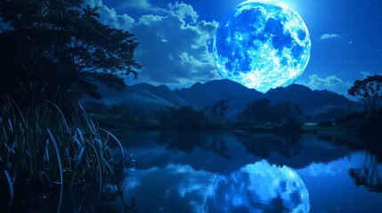 Fototapeta premium Stunning Blue Moon over a serene lake reflecting its rare glow on the waters surface