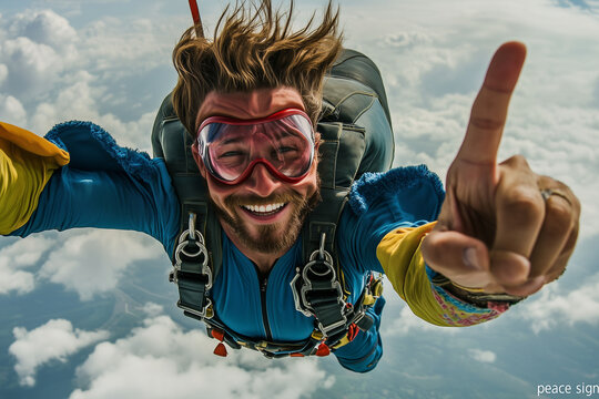 A happy skydriver making a peace sign with one finger towards the camera.