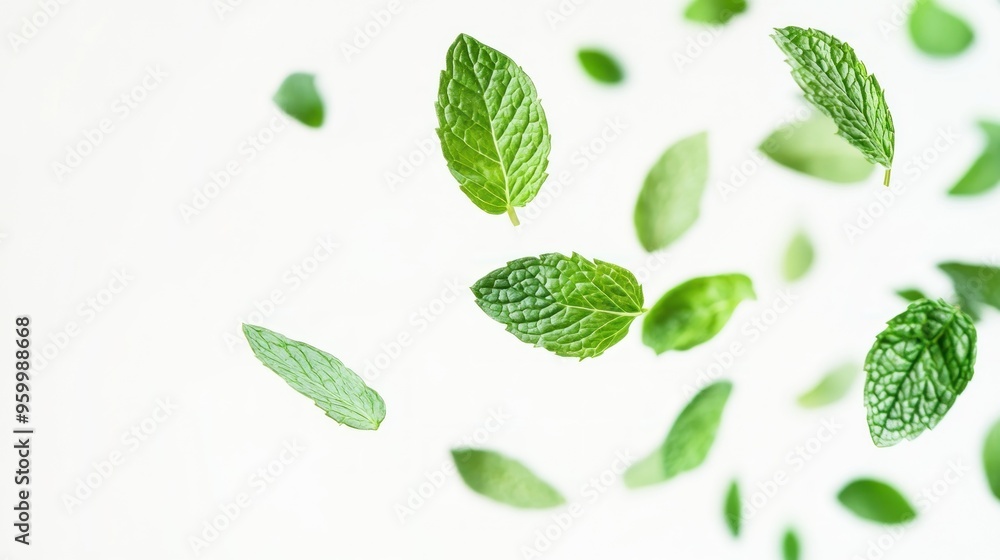 Sticker Floating Mint Leaves on White Background