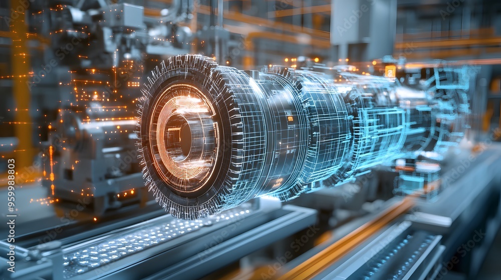 Poster a 3d model of a machine is displayed on a table. concept of innovation and technological advancement