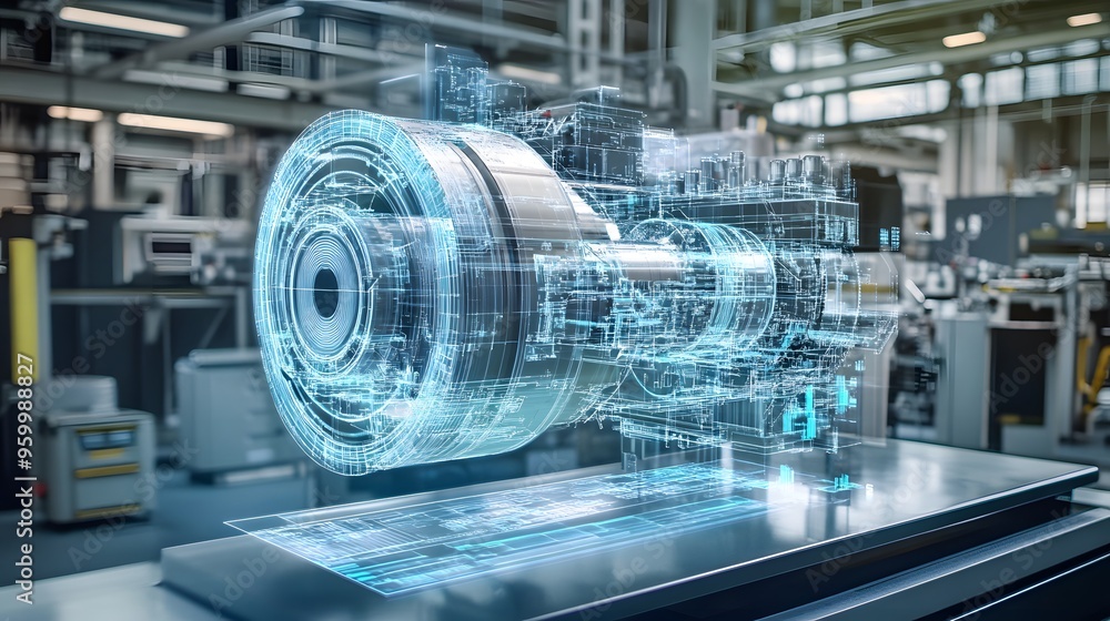 Poster a 3d model of a machine is displayed on a table. concept of innovation and technological advancement