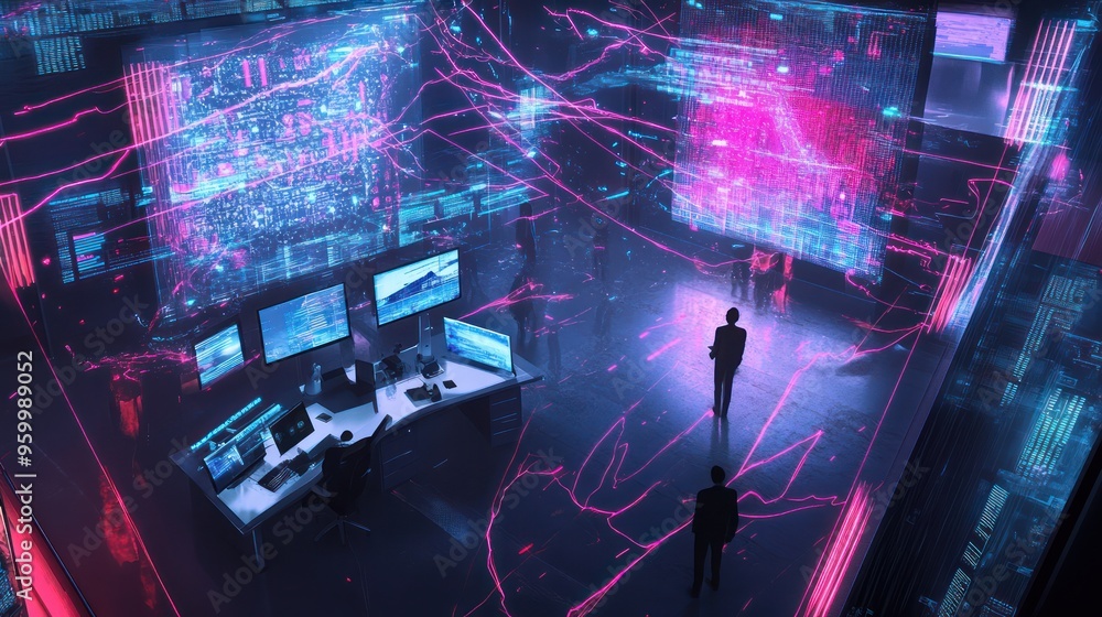 Poster futuristic control room with data visualization