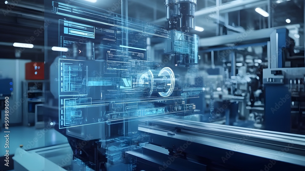 Poster a 3d model of a machine is displayed on a table. concept of innovation and technological advancement