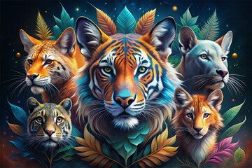Obraz premium Animal illustration package with custom elements, abstract moods, mix of realistic and stylized animal features, and concept of flexibility and adaptability.