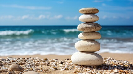 A balanced stack of zen rocks on a beach, with the ocean in the background.