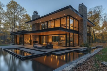 Fototapeta premium modern luxury home with floortoceiling windows sleek interior design and panoramic nature views embodying spacious comfort