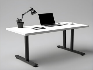 A minimalist office desk with a computer and books on top,