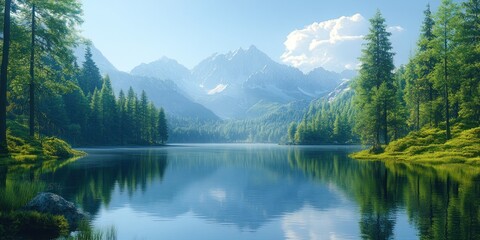 Fototapeta premium Tranquil Mountain Lake with Pine Trees and Reflections