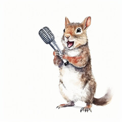 Baby Eichhörnchen singt Karaoke mit Mikrofon und offenem Mund