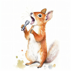 Baby Eichhörnchen singt Karaoke mit Mikrofon und offenem Mund