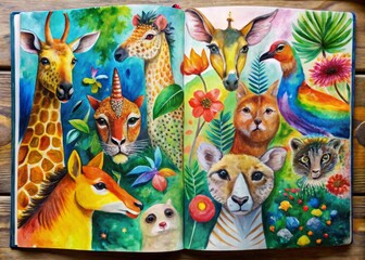 Naklejka premium animal sketchbook pages mixed media textures colors