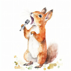 Baby Eichh&ouml;rnchen singt Karaoke mit Mikrofon und offenem Mund