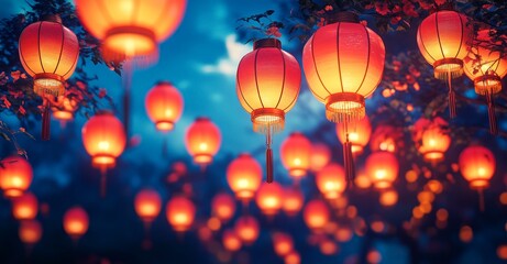 Obraz premium A festive scene of numerous red lanterns illuminated against a twilight sky, creating a magical and enchanting atmosphere.