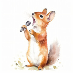 Baby Eichh&ouml;rnchen singt Karaoke mit Mikrofon und offenem Mund