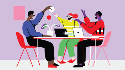 Minimalist vector illustration of a team creating an a digital application, computer, thinking, ideas, 3 people