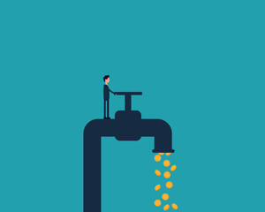 Investor opening water tap to let coin money flowing out
