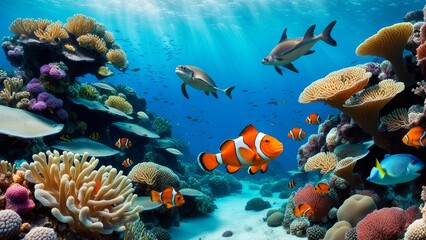 Fototapeta premium A vibrant coral reef teeming with life, featuring clownfish, reef sharks, and various other colorful fish
