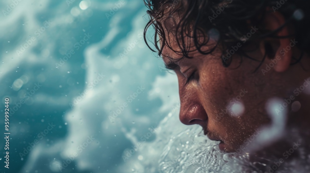 Poster close-up of a man submerged in water with his eyes closed, capturing a moment of calm and serenity. 