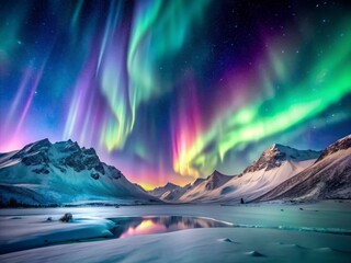 Naklejka premium Aurora borealis over snowy mountains with soft pastels