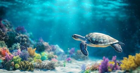 Fototapeta premium A majestic sea turtle gracefully glides through a vibrant coral reef, bathed in sunlight filtering through the crystal-clear water.