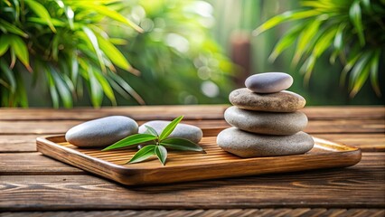 Close up of spa stones arranged in zen-like fashion on a wooden tray in a peaceful setting